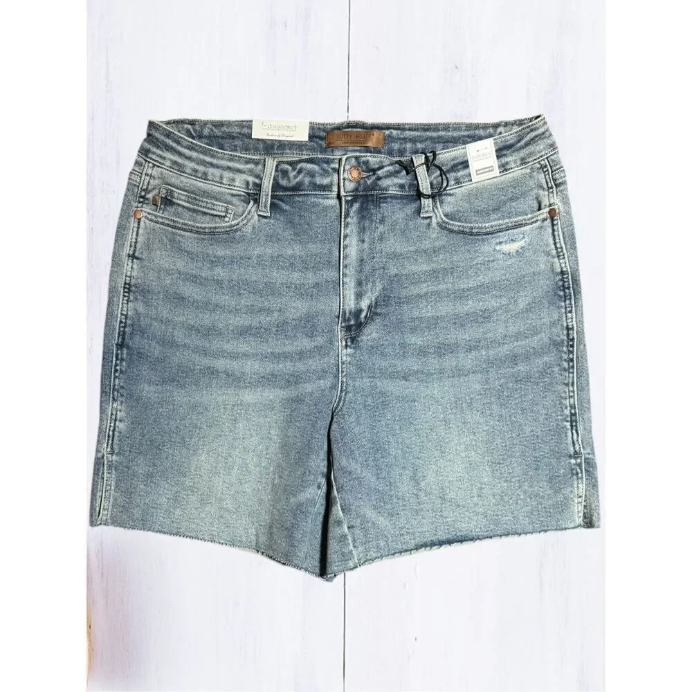 Judy Blue High Rise Side Slit Shorts Vintage Wash Raw Hem Stretch Denim NWT